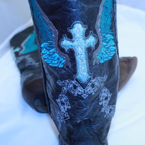 Soto Women Size 8.5 Gray/Aqua/White Cross and Wings Snip Toe Cowboy Boots - 4270 - Picture 11 of 15